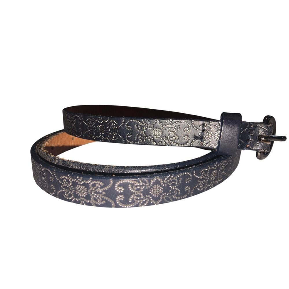 Vintage Loft Leather Skinny Belt Blue Silver Gun Metal Y2K Indy Sleaze Boho Chic